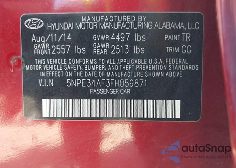 2015 Hyundai Sonata Sport из США, поврежденный, VIN 5NPE34AF3FH059871